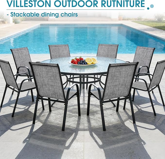 Outdoor Stackable Chairs Set of 8, Stacking Patio Chairs with Textilene Fabric, Outside Furniture for Garden Backyard Balconie Poolside Deck, Grey - Image 7
