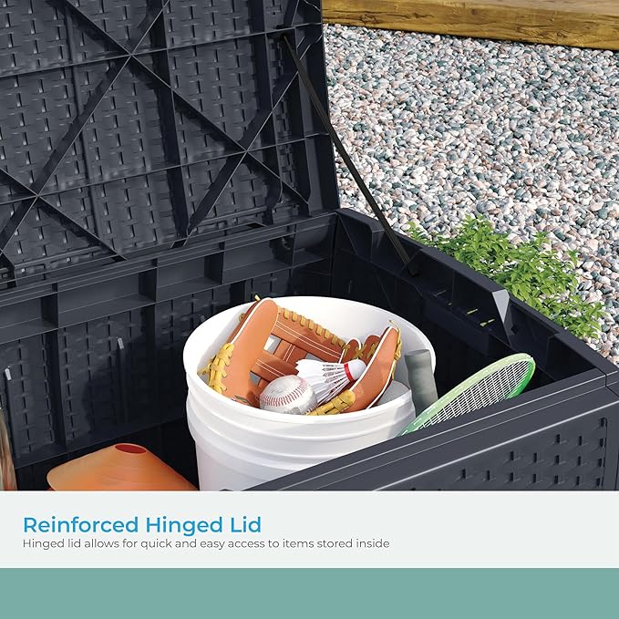 Suncast Outdoor Storage Box - 73 Gallon Cyberspace Resin Wicker Deck Box with Lockable Lid, Outdoor Storage Bin for Patio Cushions, Shoes, Pool & Garden Gear, Made in USA - Image 6