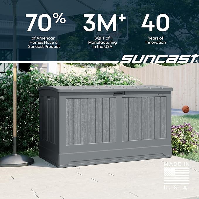 Suncast 200-gal. All-Weather Patio Deck Box, Made in the USA, with Pad-Lockable Lid, Extra-Large Outdoor Storage Unit for Patio Furniture and Grill Tools, Dove Gray Color - Image 7
