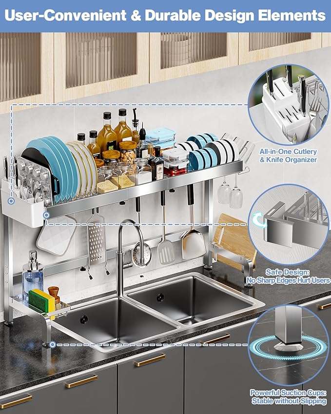 2 Tier Extra Large Over The Sink Dish Drying Rack, Expandable Stainless Steel - Image 6
