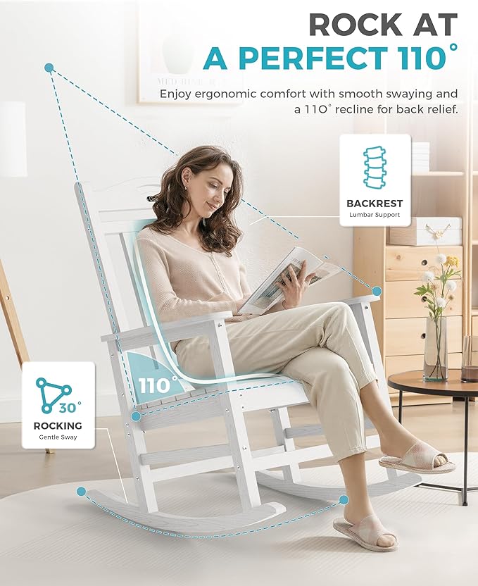 Ciokea Oversized Outdoor Rocking Chair, 380lbs Heavy-Duty Large Patio Rocker, Weather Resistant & Anti-Fade Porch Chair, High Back Cozy Rocking Chair for Outside, Fire Pit, Deck, Garden, White - Image 5