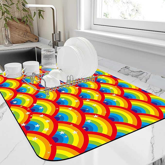 Kitchen Mat Rainbow Half Circle Star Dish Drying Mat 16"x24" Bsorbent Coffee by Unknown