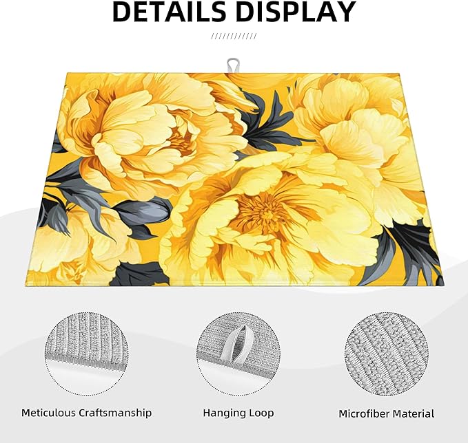 Yellow Peony Dish Drying Mats for Kitchen Counter, Absorbent Reversible - Image 3