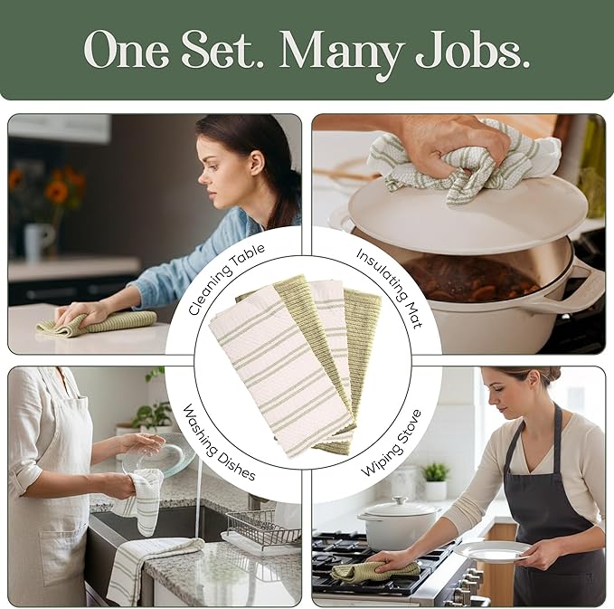 MosJos Kitchen Towels, Cotton Hand Towels, Sage Green and Cream Ribbed - Image 5