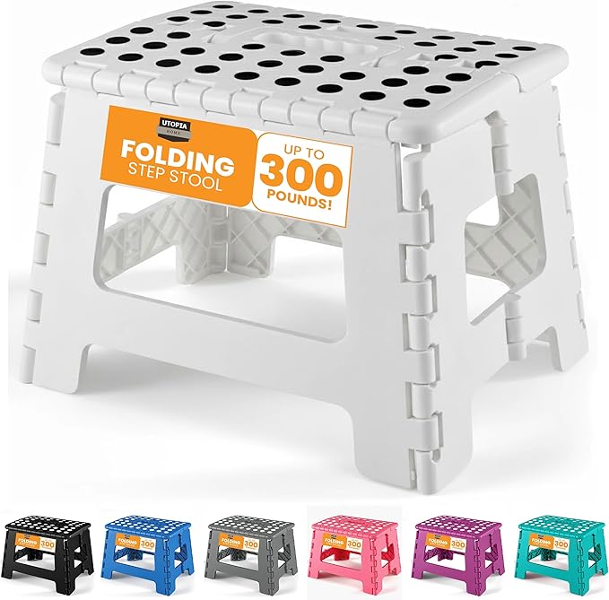 Utopia Home Folding Step Stool with Handle – 9 Inch Anti Slip Collapsible Stool – Holds Up to 300 lbs – Sturdy Plastic Step Stool Foldable for Kitchen, Bathroom and Home Use (1-Pack, White) by UTOPIAHOME