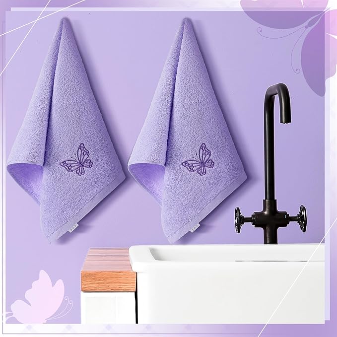 2 Pcs Butterfly Hand Towels Light Purple Bathroom Decor 14x29 Inch Embroidered - Image 5