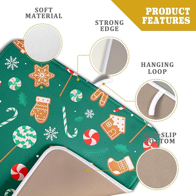 Gingerbread Dish Drying Mat for Kitchen Counter Holiday Green Super Absorbent - Image 4