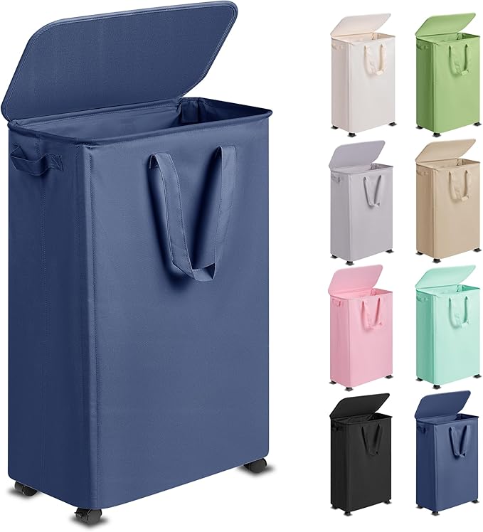 Slim Laundry Hamper with Lid and Wheels, Small Rolling Laundry Basket with by Vincona