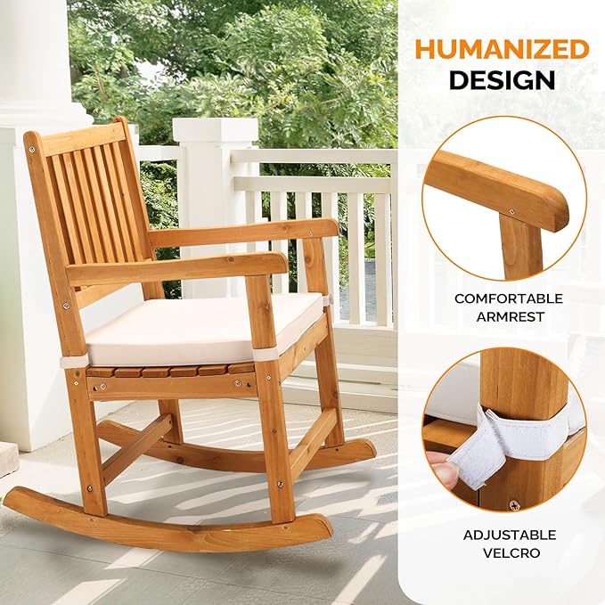 VINGLI Outdoor Rocking Chair, Weatherproof Rocker with Cushion, Wooden Rocking Bench Support 550 LBS for Patio, Yard, Garden, Outdoor or Indoors, Teak - Image 4