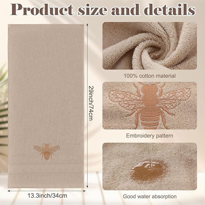 2 Pcs Bee Hand Towels Brown Bathroom Decor 14x29 Inch Embroidered 100% Cotton - Image 2