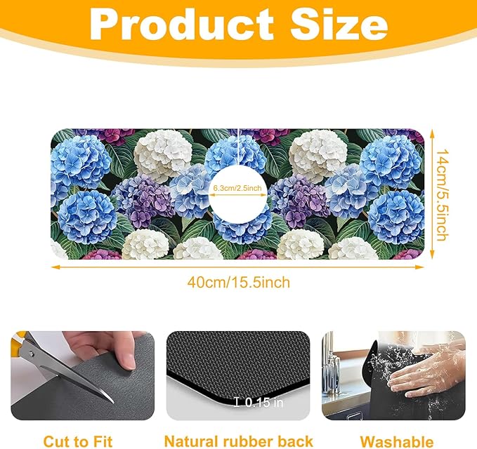 2 Pack Vintage Hydrangea Sink Faucet Absorbing Mat Colorful Hydrangeas Super - Image 2