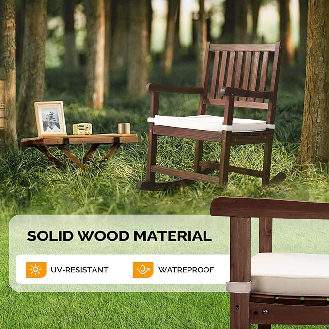 VINGLI Outdoor Rocking Chair, Weatherproof Rocker with Cushion, Wooden Rocking Bench Support 450 LBS for Patio, Yard, Garden, Outdoor or Indoors, Rustic - Image 5