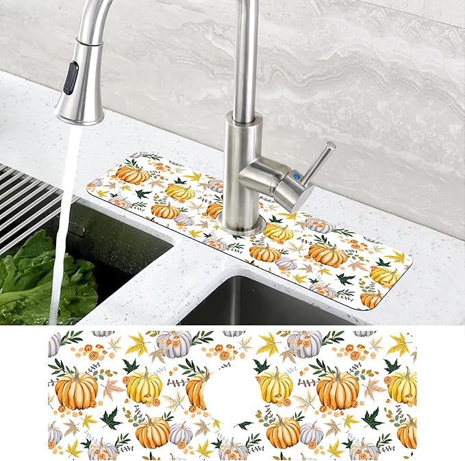 Thanksgiving Sink Faucet Absorbing Mat Pumpkin Floral Leaves Sink Splash Guard - Image 4