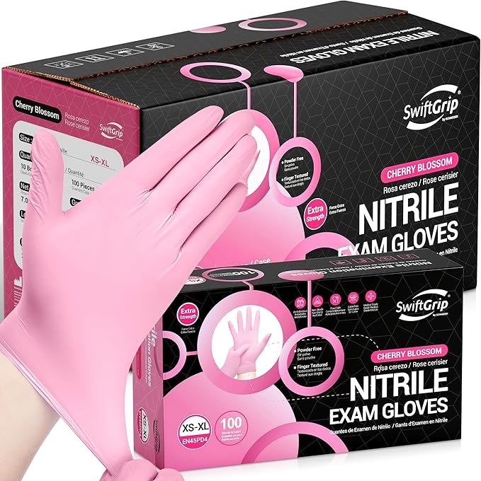 Nitrile Exam Gloves, 4 Mil, Cherry Blossom, Food Safe Gloves Disposable Latex by SwiftGrip