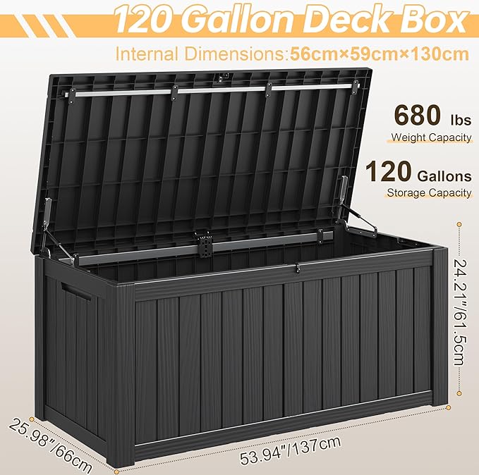Outdoor Storage Box, Resin Deck Boxes Indoor and outdoor, Waterproof Storage Box Lockable Lid (Black, 120 Gallon) - Image 2