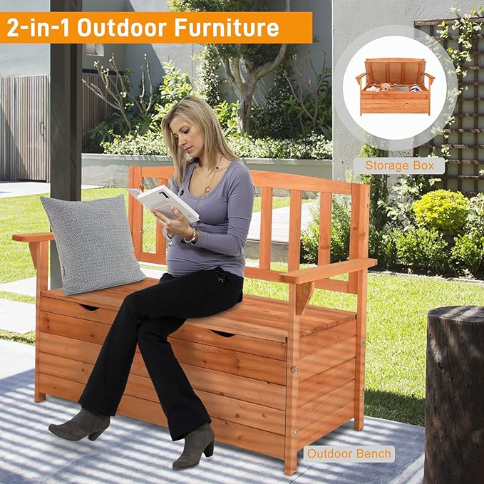 Outvita Outdoor Wood Storage Bench, Wooden Large Deck Box with Seating & Armrest, Waterproof Patio Organizer Loveseat for Garden Porch Deck Backyard Poolside, Natural - Image 4