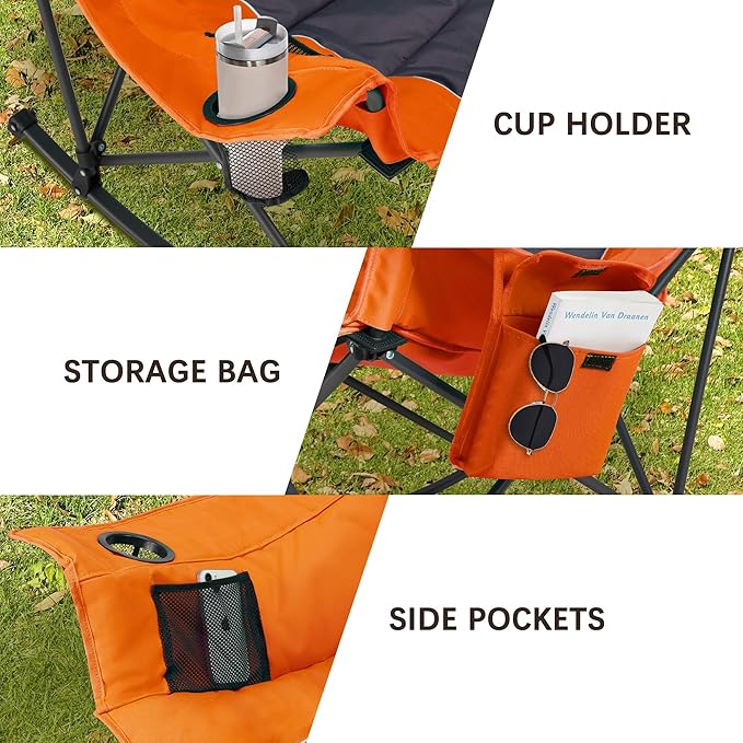 Oversized Rocking Camping Chair with Headrest & Cup Holder - 400lbs Capacity, 600D Oxford Fabric, Easy Fold Portable Outdoor Rocker Chair for Camping, Backyard, Beach, Orange - Image 8