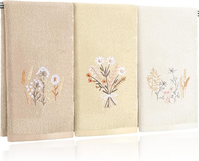 3 Pcs Boho Flowers Hand Towels Farmhouse Floral Brown Wildflowers Bathroom by Tingjoo