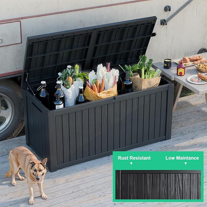 ROJIK Outdoor Storage Housing Deck Box - Waterproof Patio Furniture, Garden Tools, Cushions, Pool Accessories Storage Bench with Lockable Lid and Side Handles (Black, 200 Gal) - Image 7