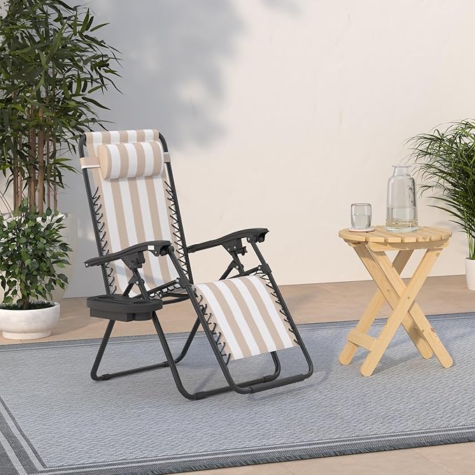 Best Choice Products Set of 2 Adjustable Steel Mesh Zero Gravity Lounge Chair Recliners w/Pillows and Cup Holder Trays - Tan Striped - Image 2
