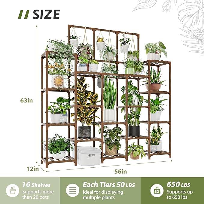 Plant Stand Indoor Outdoor 63" Tall Plant Shelf for Plants 14-Tier Large Plant Sheves for Living Room Heavy Duty Plant Rack Garden Balcony Patio Hanging Planter - Image 5
