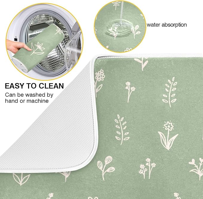 Sage Green Dish Drying Mat Quick Absorbent 16x18 Doodled Botany Flowers Leaves - Image 2