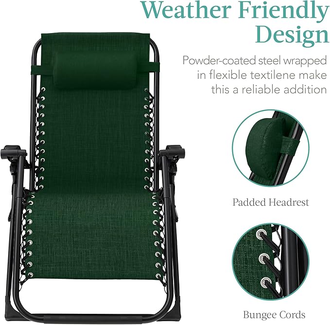 Best Choice Products Oversized Zero Gravity Chair, Folding Outdoor Patio Recliner, XL Anti Gravity Lounger w/Removable Cushion, Cup Holder, Side Tray, 350lb Capacity - Forest Green - Image 4