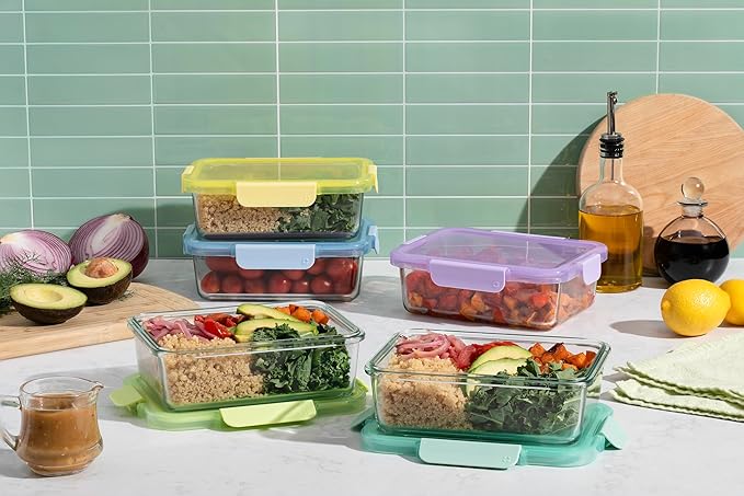 Ello Color Lock 5 Cup 10PC, 5 Pack Glass Meal Prep Sets Leak-Proof Glass Food - Image 2