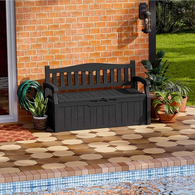 Patiowell 75 Gallon Plastic Storage Bench, Water-Resistant Deck Box for Patio Furniture, Garden Tools, Pool Storage and Outdoor Cushions, Black by Patiowell