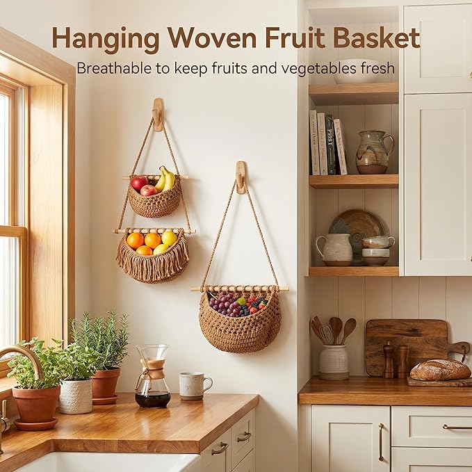3 Tier Hanging Fruit Basket, Jute Wall Baskets Removable, Portable Produce - Image 5