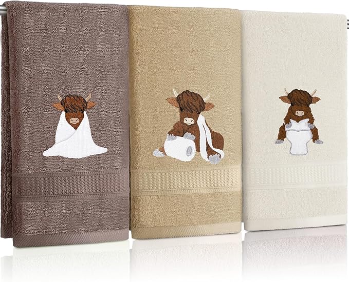 3 Pcs Highland Cow Hand Towels Embroidered Cow Farmhouse Decorative Bath Towels by FuWeave