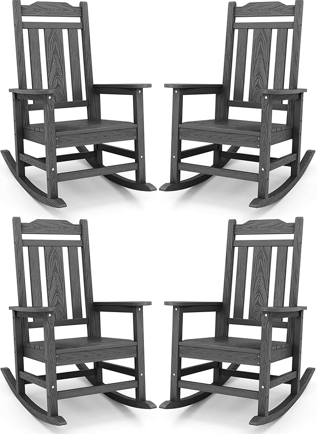 SERWALL Gray Outdoor Rocking Chair Set of 4, All Weather Patio Rocking Chair, HDPE Poly Rocking Chair for Adults, Heavy Duty Front Porch Rocker by SERWALL