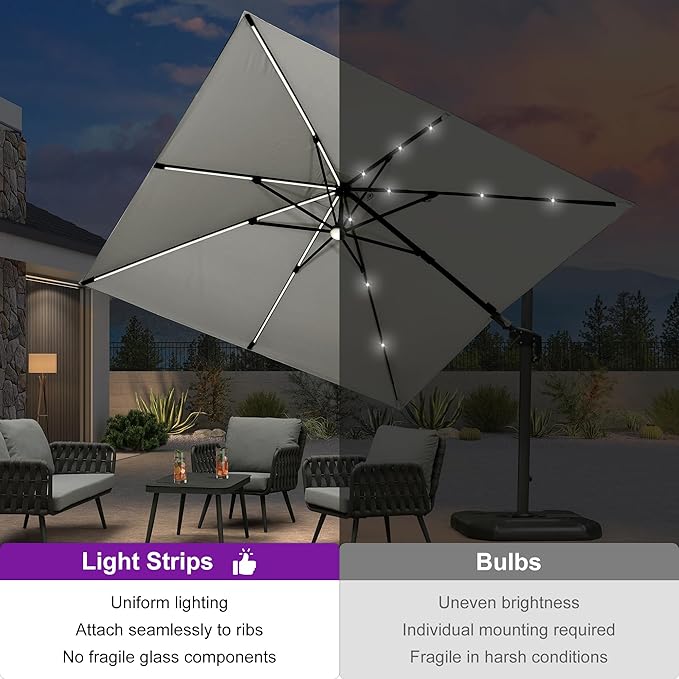PURPLE LEAF 10 Feet Patio Umbrella with Base Outdoor Cantilever Solar Powered LED Swivel Square Umbrella Aluminum Offset Umbrella with 360-degree Rotation for Garden Deck Pool Patio White - Image 3