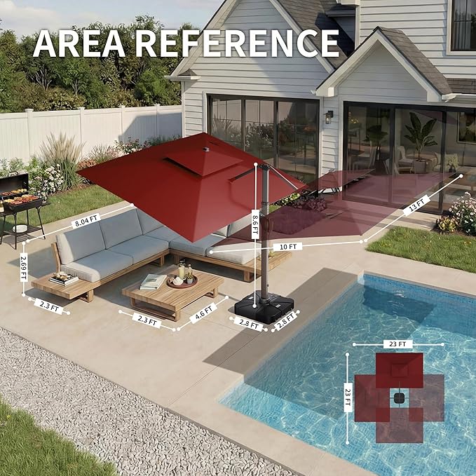 10 X 13 FT Cantilever Patio Umbrella with LED Lights Outdoor Heavy Duty Double Top Windproof Rectangle Offset Umbrellas with 360-degree Rotation for Pool Deck Backyard, Wine Red - Image 4