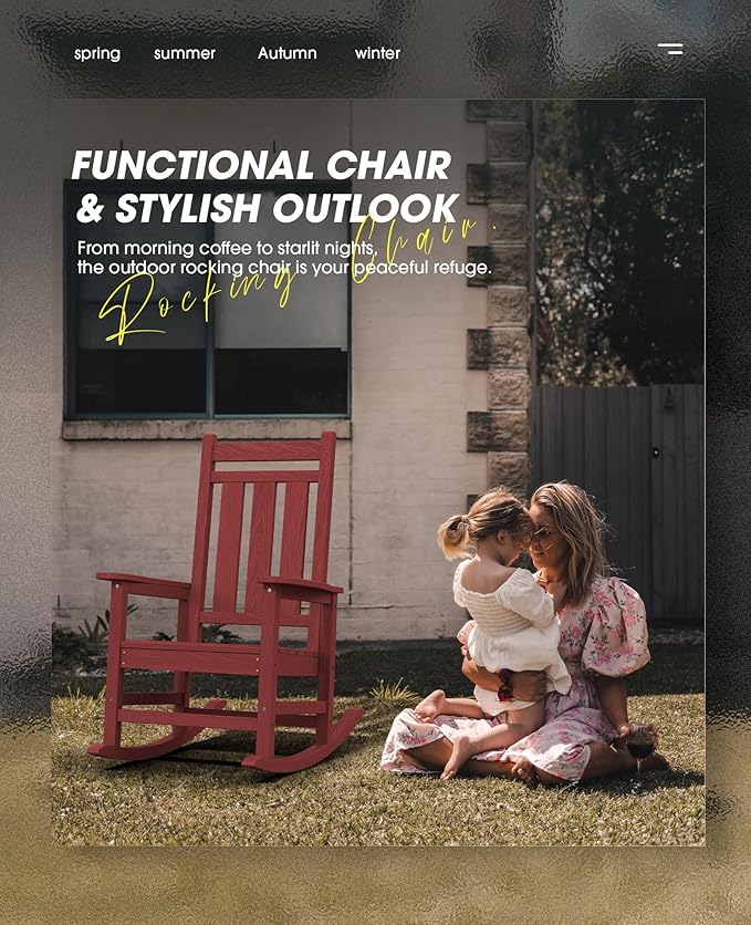 KINGYES Oversized Outdoor Rocking Chair Set of 4, All-Weather Patio Rocking Chairs for Porch, HDPE Outdoor Patio Rockers with High Back & Wide Seat for Garden, Lawn, Red - Image 9