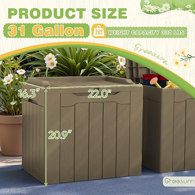 Greesum 31 Gallon Deck Box for Outside, All Weather Outdoor Storage Boxes for Patio Furniture Set, Package Delivery Box, Garden Tools, Light Coffee(Set of 2) - Image 7
