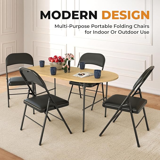 4 Pack Leather Chair | Foldable & Stackable | 350 lbs Capacity Steel Frame Seats for Indoor or Outdoor | Commercial Use Events Wedding Party Events Bulk Picnic Kitchen Dining - Black - Image 2