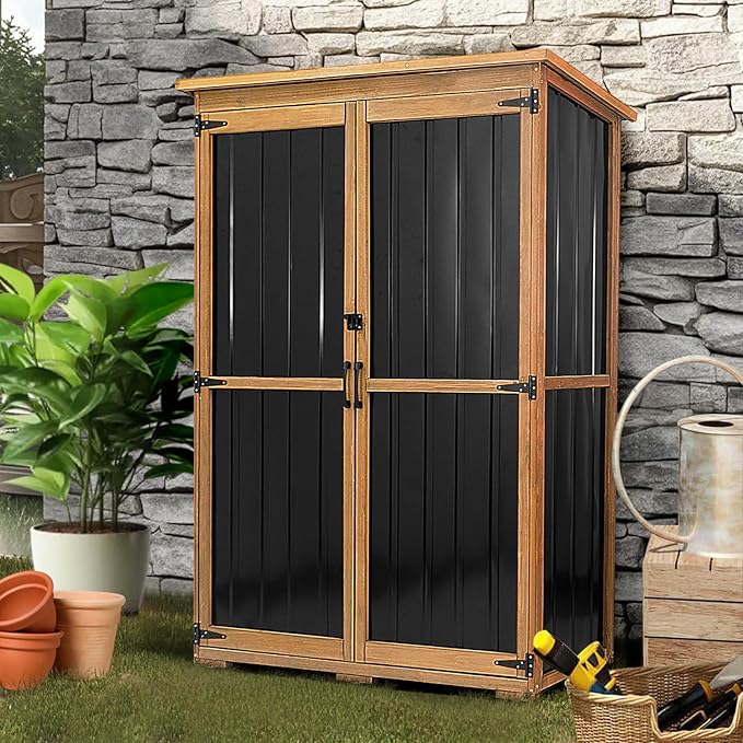 PetsCosset 46" L Large Outdoor Storage Cabinet with Shelves, Wood & Metal Storage Shed Weather-Resistant, Outside Storage Cabinet for Garage Patio Backyard Garden with Waterproof Roof by PETSCOSSET