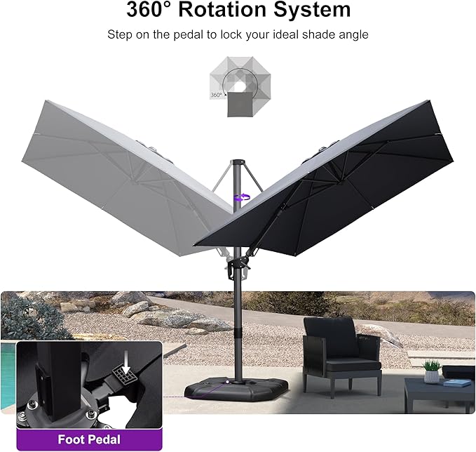 PURPLE LEAF 8.2' X 11.5' Tilting Patio Umbrella with Base Outdoor Cantilever Swivel Rectangle Umbrella Aluminum Offset Umbrella with 360-degree Rotation for Garden Deck Pool Patio Grey - Image 7