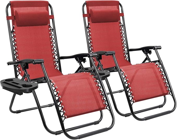 Homall Zero Gravity Patio Folding Lawn Reclining Lounge Chairs Outdoor Gravity Camp Chairs with Cup Holder Pillows for Poolside Backyard and Beach Set of 2 (Red) by Homall