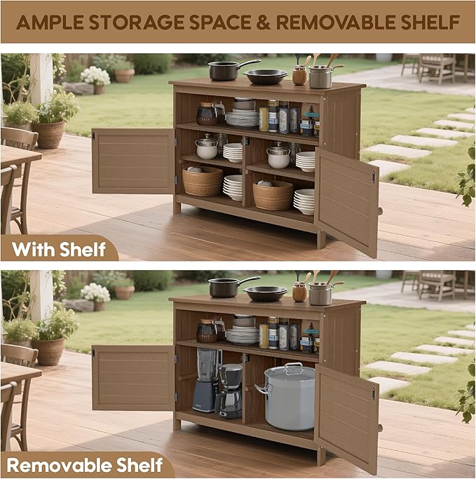 HIPS All-Weather Outdoor Storage Cabinet,Outdoor Sideboard with Magnetic Doors,3-Shelves Patio Storage Cabinet, Used for Garden,Buffet Cabinet,TV Stand, Bar Table,Balcony - Image 5