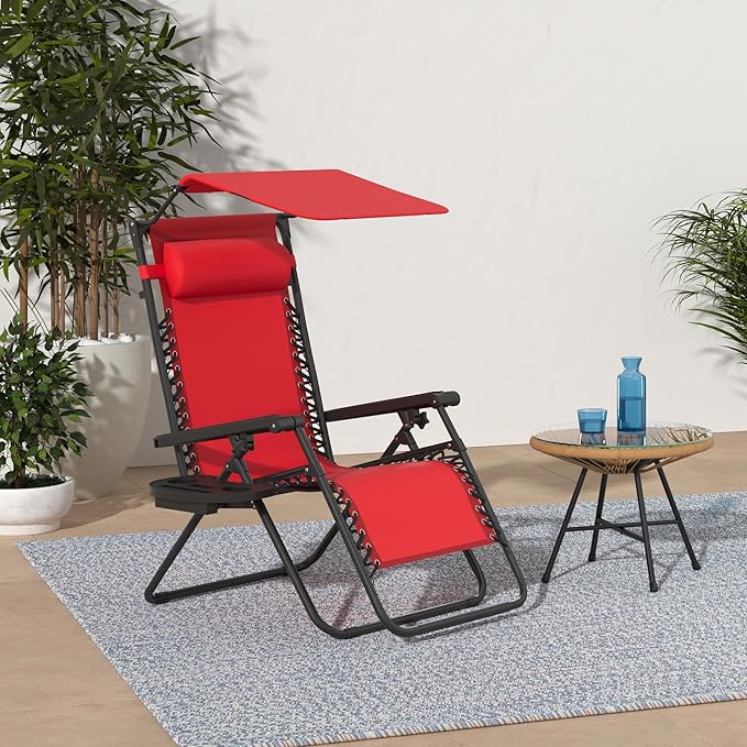 Best Choice Products Folding Zero Gravity Outdoor Recliner Patio Lounge Chair w/Adjustable Canopy Shade, Headrest, Side Accessory Tray, Textilene Mesh - Crimson Red - Image 2