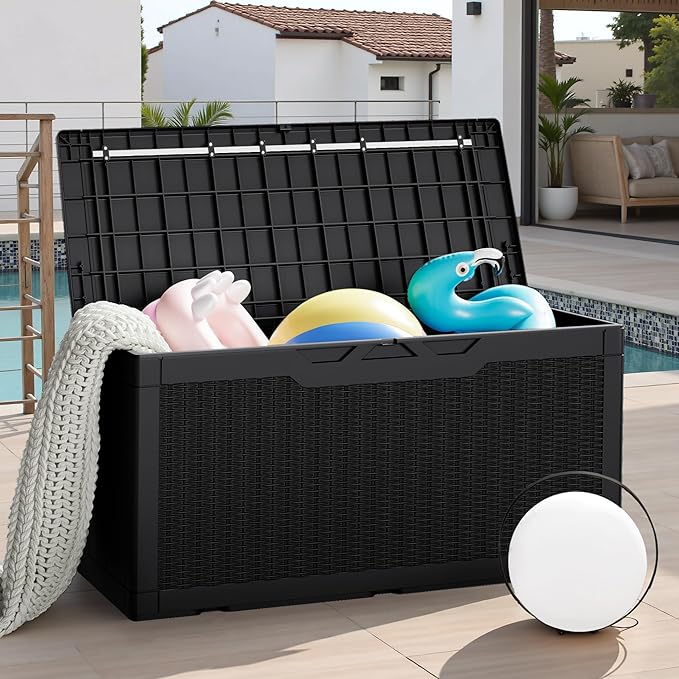 JUMMICO 100 Gallon Resin Deck Box with Cushion, Waterproof Outdoor Storage Box with Lockable Lid for Garden Tools, Patio Cushions (Black) - Image 7