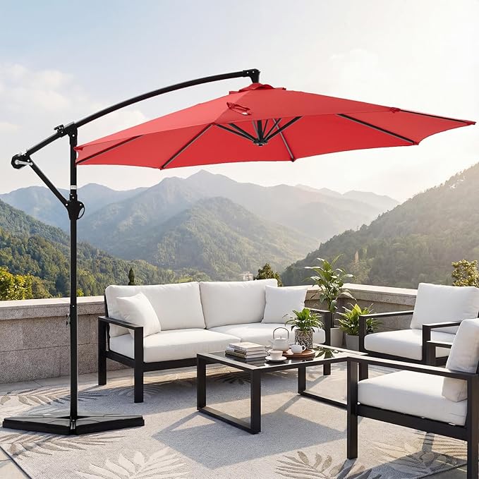 OLIXIS 9.7FT Offset Patio Umbrella with Base, Cantilever Table Umbrellas for Outdoor Sun Shade UV Protection with Easy Tilt Adjustment, 8 Ribs for Backyard, Lawn, Garden, Pool - Red - Image 7
