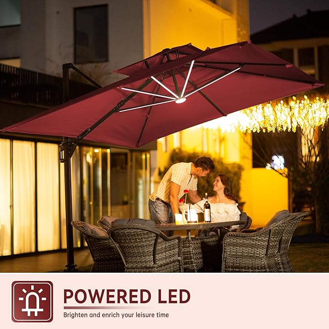 10 X 13 FT Cantilever Outdoor Patio Umbrella with Led Lights Large Heavy Duty 360° Rotation Double Top Offset Rectangular Umbrellas for Backyard Garden Pool Outside Deck, Red - Image 3