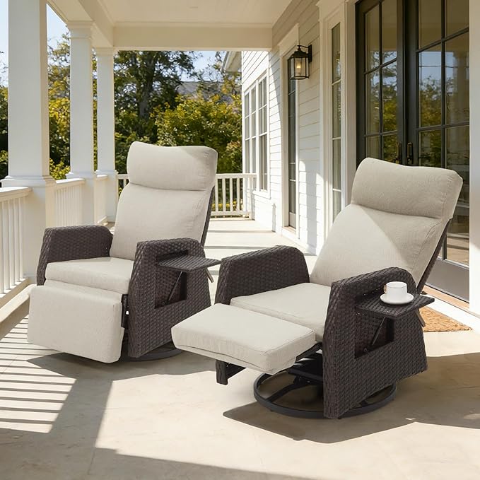 Adjustable Outdoor Recliner Chair with Independent Backrest & Footrest, Patio Swivel Recliner Chair, Wicker Reclining Patio Chair w/Flip-Up Table, 155° Lay Flat Chaise Lounge, Beige, 2PCS - Image 7