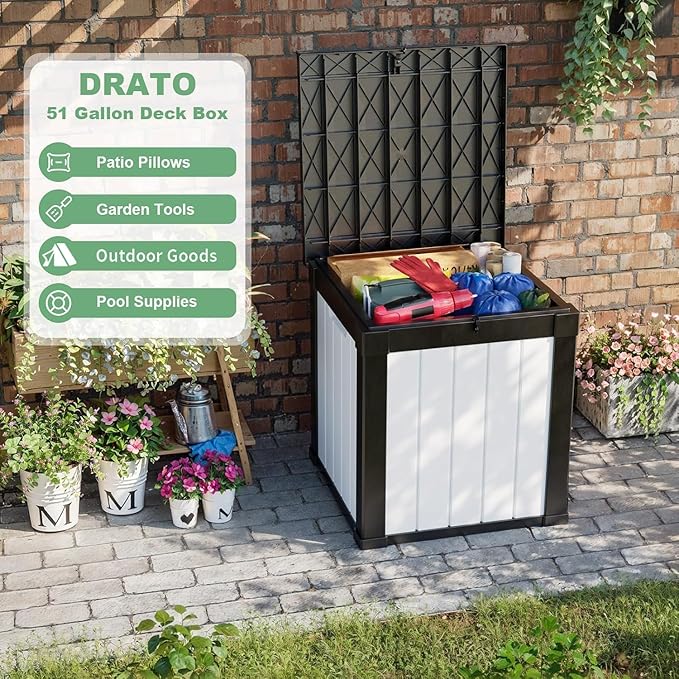 DRATO 51 Gallon Deck Boxes Resin Outdoor Storage Box UV Resistant Outside Deck Box with Lockable Lid for Patio Furniture（Black and White，51 Gallon） - Image 2