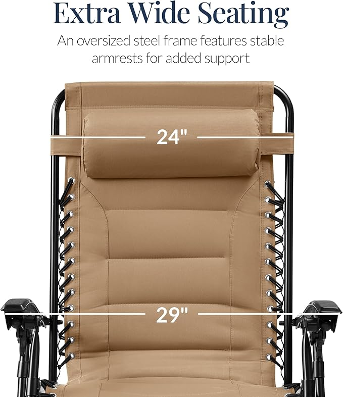Best Choice Products Oversized Padded Zero Gravity Chair, Folding Outdoor Patio Recliner, XL Anti Gravity Lounger for Backyard w/Headrest, Cup Holder, Side Tray, Polyester Mesh - Beige - Image 3
