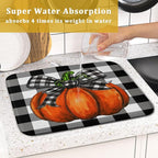 Fall Pumpkin Dish Drying Mat for Kitchen Counter Black White Buffalo Check - Image 7