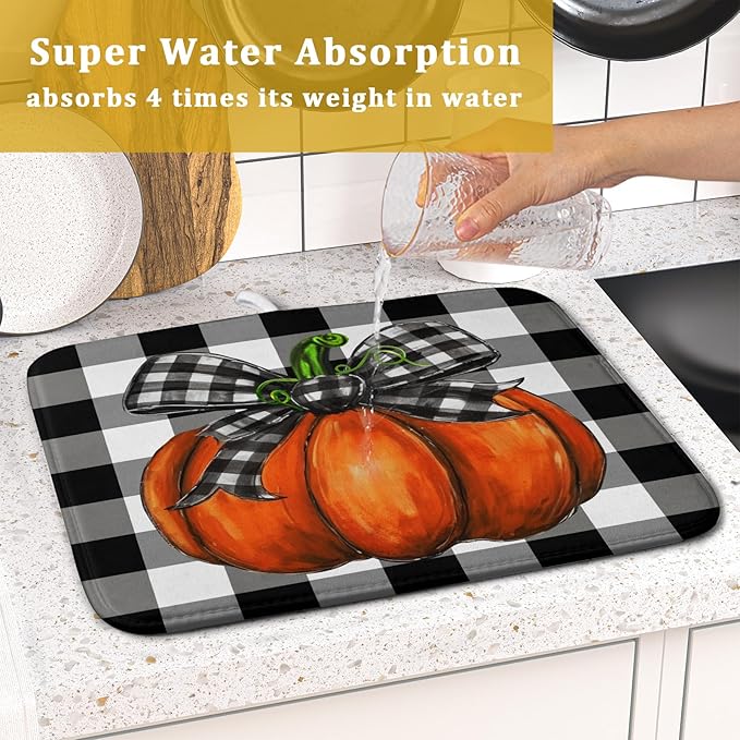 Fall Pumpkin Dish Drying Mat for Kitchen Counter Black White Buffalo Check - Image 7